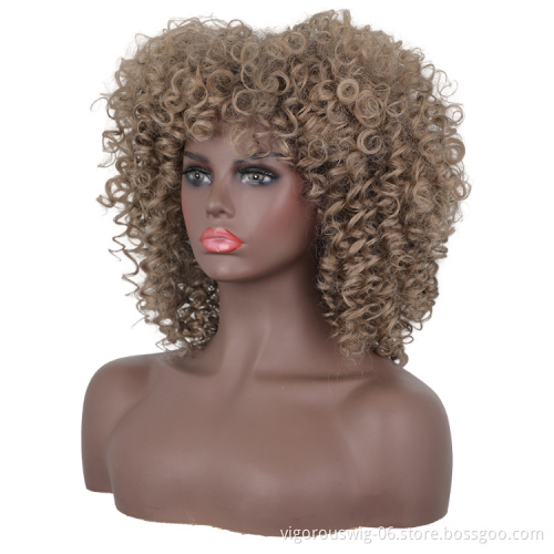 Afro Kinkys Curly Hair Wigs with Bangs Shoulder Length Wig Synthetic Heat Resistant Curly Full Wig for Black women